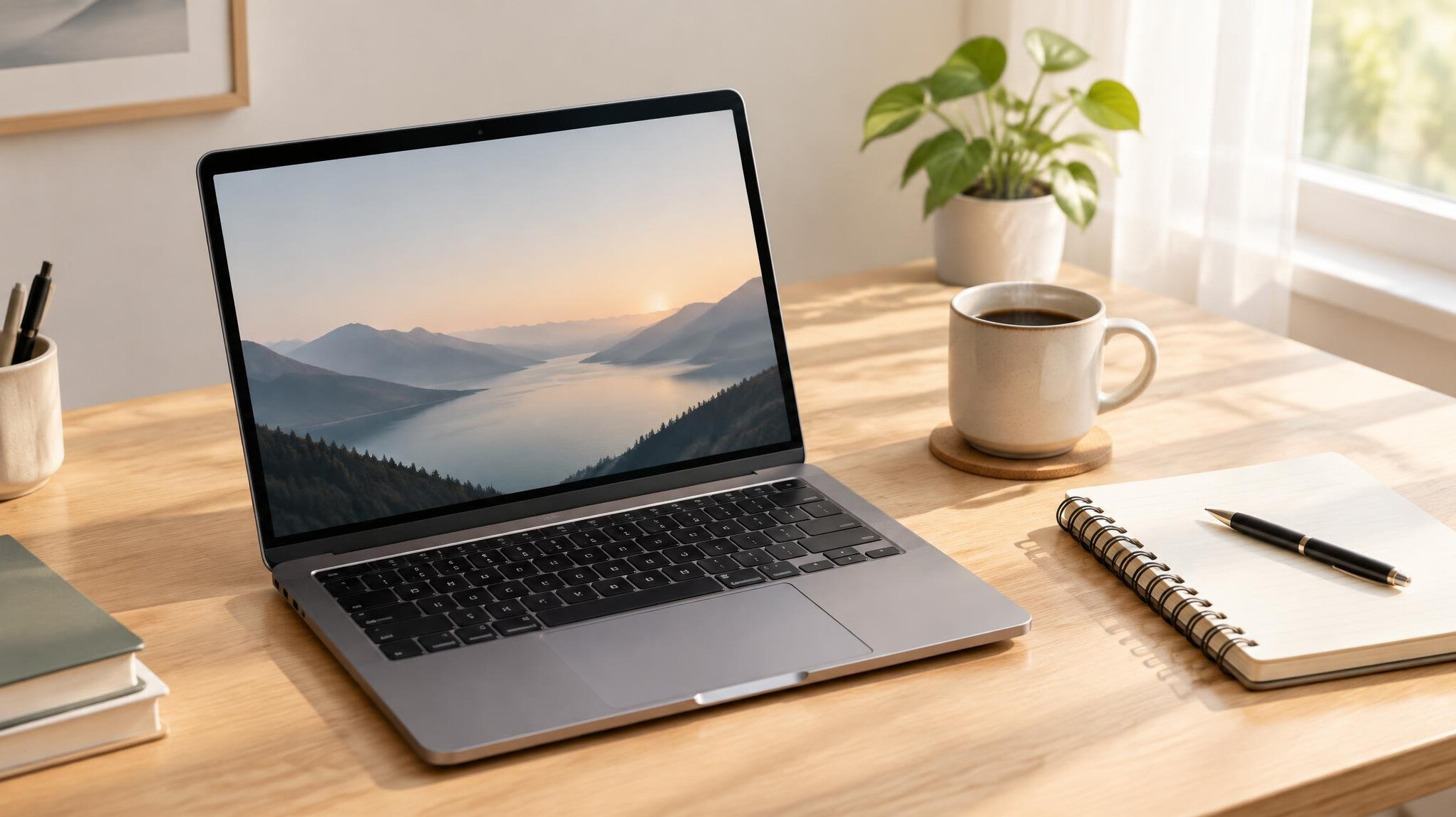 Laptop with an open email application on a wooden desk