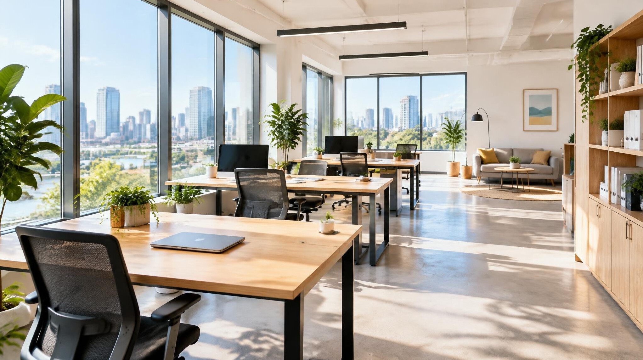 Modern bright office interior with large windows and desks
