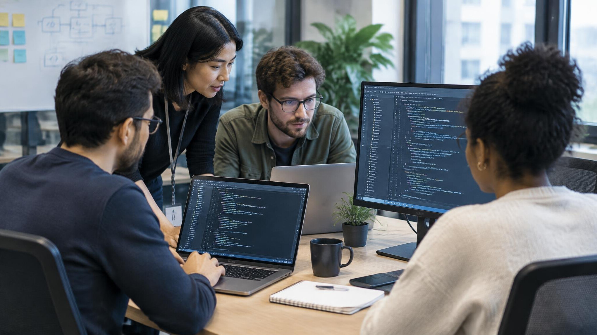 corporate team collaborating on code