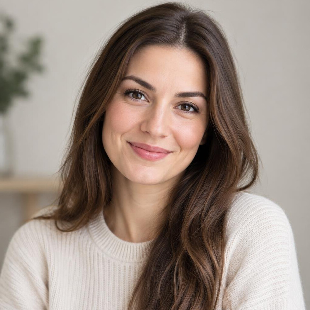 Portrait of a young woman with brown hair smiling