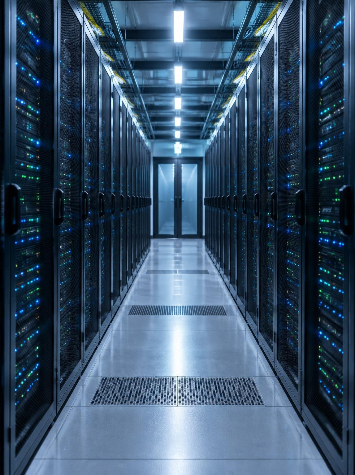 Rows of server racks in a data centre corridor