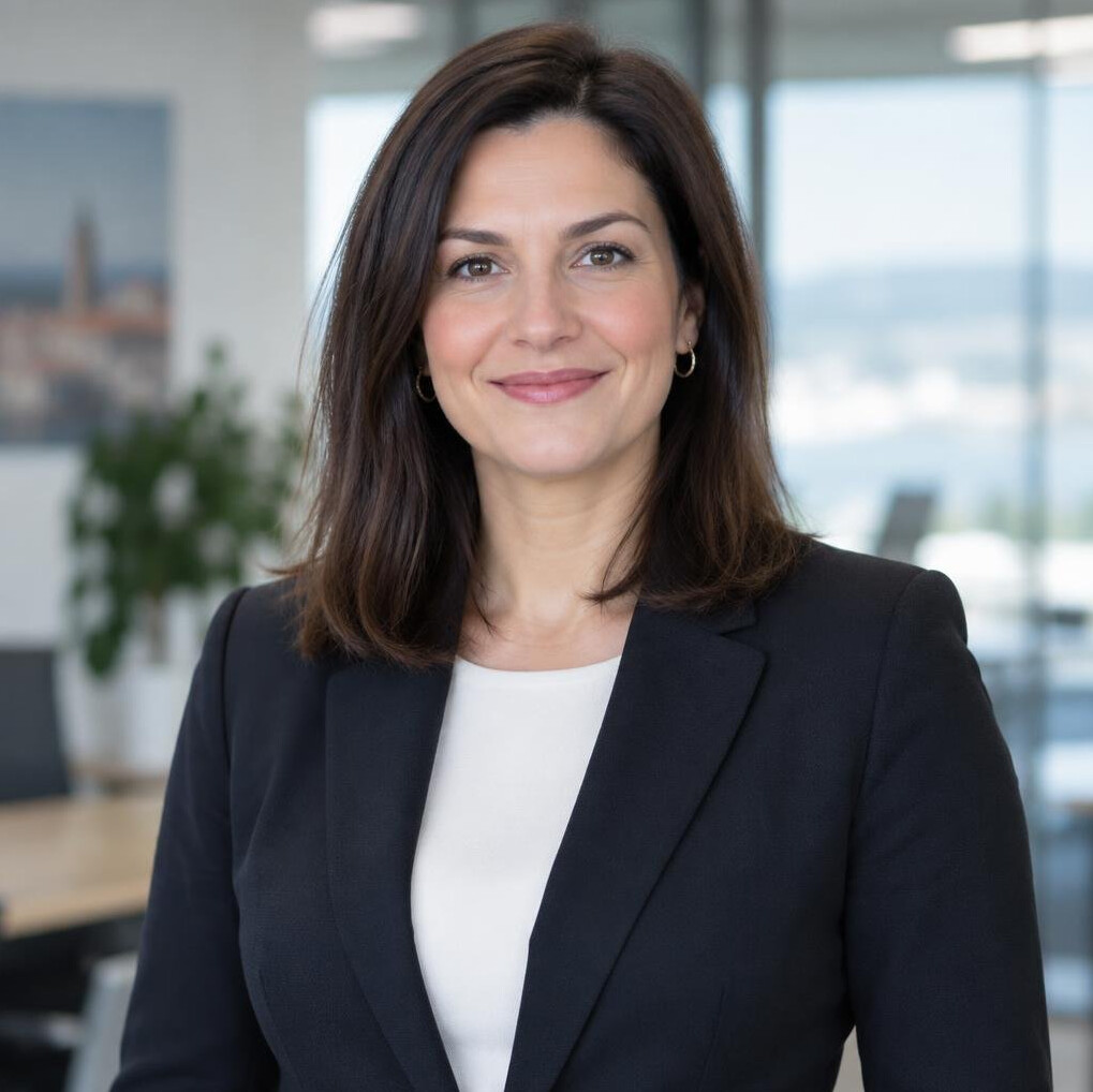 Portrait of a smiling businesswoman with dark hair in an office
