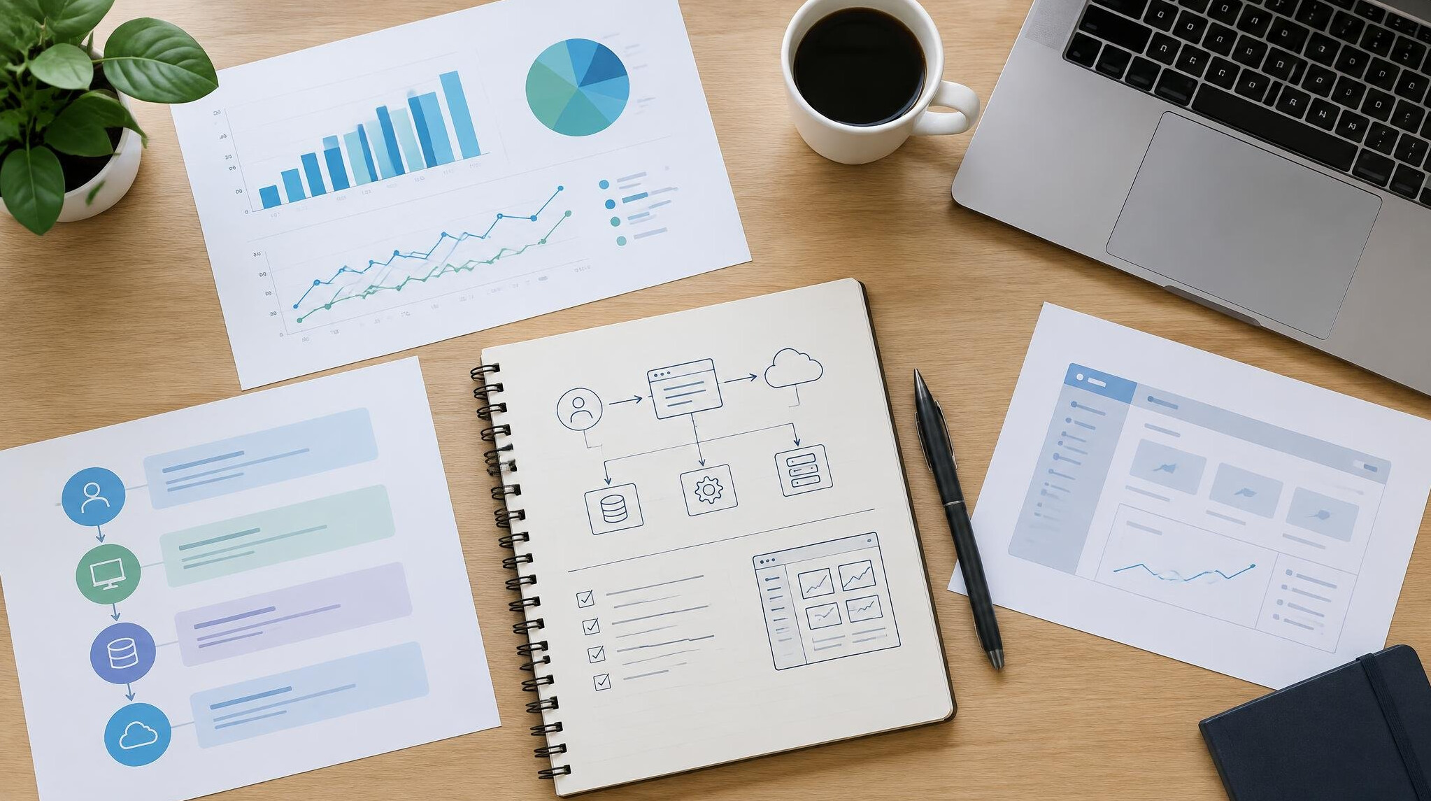 Desk with notes, charts and laptop used for planning a business system